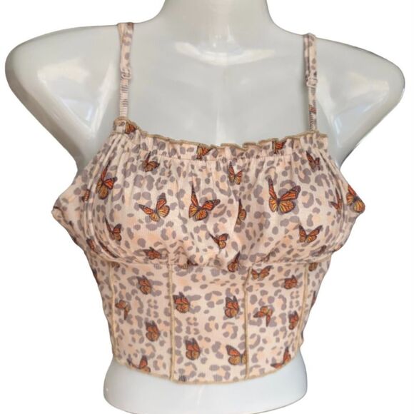 Butterfly & Leopard Lettuce Trim Mesh Cami Crop Top Size XS - Picture 1 of 4